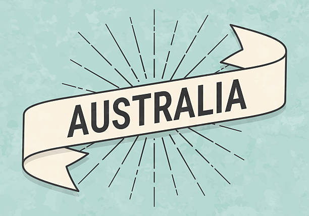 Australia. Banner, ribbon, label in a trendy vintage style. Beautiful retro ribbon with old textured paper and sunbursts in the background. Colors used: green, blue, beige and black. The banner is beige with a black outline, the sunbursts and the text are black. The background is green-blue. Vector Illustration (EPS file, well layered and grouped). Easy to edit, manipulate, resize or colorize. Vector and Jpeg file of different sizes.