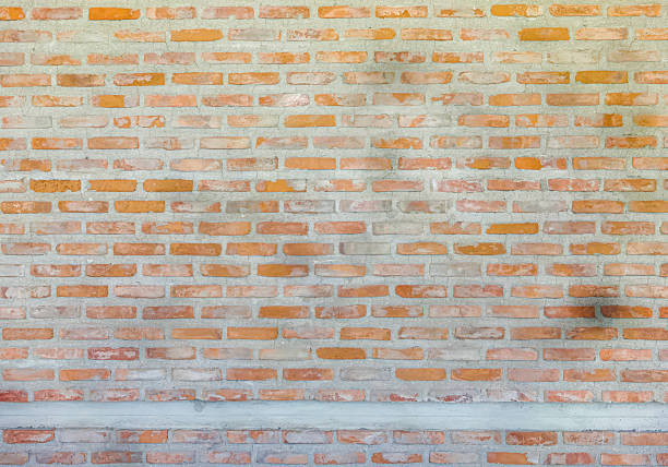 A wall of about 240 old brown bricks with jagged edges, held together with gray cement. A cement strip at the bottom.