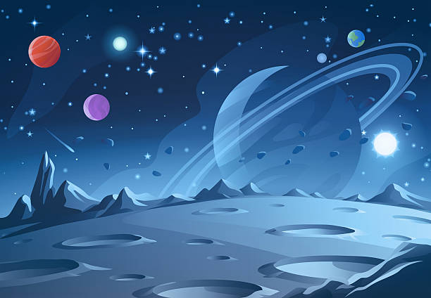 Blue Planet With Craters Surface of a blue alien planet, asteroid or moon saturated with craters. In the background is a dark blue sky full of stars and planets. Vector illustration with space for text. moon surface crater stock illustrations
