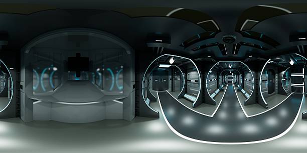 Spaceship flying over earth with open bay doors revealing sunrise. 3d render 360 Panorama.
