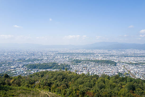 Sweeping vista of Kyoto city stretches beyond a foreground of lush green forest, with distant mountains and a bright blue sky creating a sense of vastness and clarity.