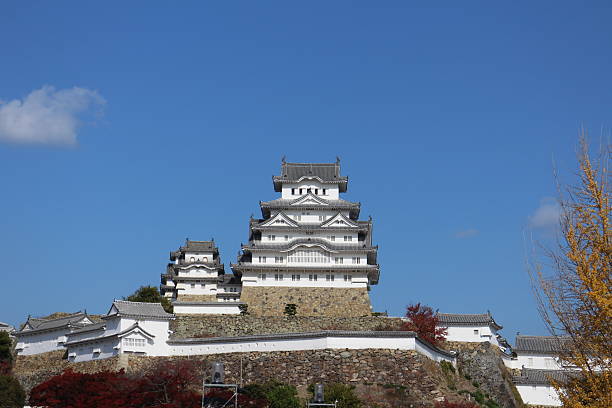 Himeji Castle and clear blue sky viewed from Sannomaru Square in Himeji City, Hyogo Prefecture, Japan - November 24, 2023