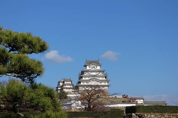 Himeji Castle and clear blue sky viewed from Sakuramon Bridge in Himeji City, Hyogo Prefecture, Japan - November 24, 2023