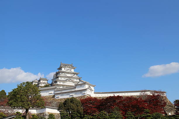 Himeji Castle and clear blue sky viewed from Sannomaru Square in Himeji City, Hyogo Prefecture, Japan - November 24, 2023