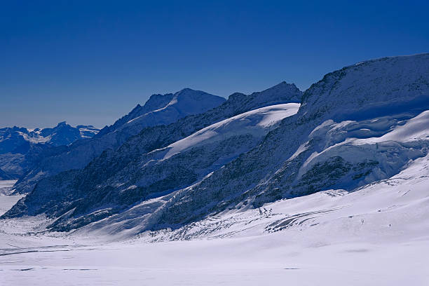 majestic glaciers and snowfields at Jungfrau under a deep blue sky