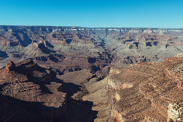 Wide panoramic view of the South Rim of Grand Canyon showing layered rock formations and deep canyon walls under a clear blue sky. Natural desert landscape, geology, and travel destination in the southwestern United States.
