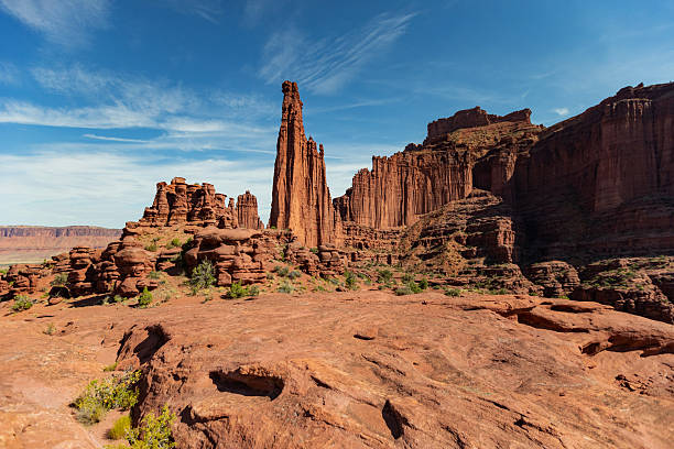 Breathtaking landscape view at sunrise near Moab, Utah, featuring a red rock mesa bathed in warm morning light. Captures the essence of natural beauty and tranquility in the American Southwest - USA