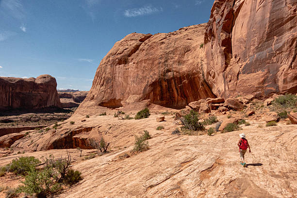 istock Hiker approaching Bowtie Arch in Utah desert 2255860631
