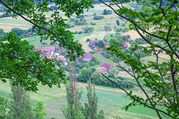 Peaceful rural scenery with houses, green fields, and leafy trees framing the view.