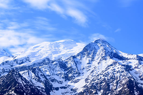 Sunlit snowy slopes of Mont Blanc and Aiguille du Gouter stand beneath a vibrant blue sky, with soft clouds drifting above the rugged alpine peaks.