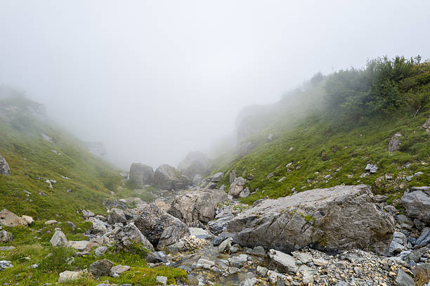 Large boulders and scattered rocks line a narrow stream bed, with lush green slopes fading into dense, white mountain fog for a mysterious, tranquil mood.