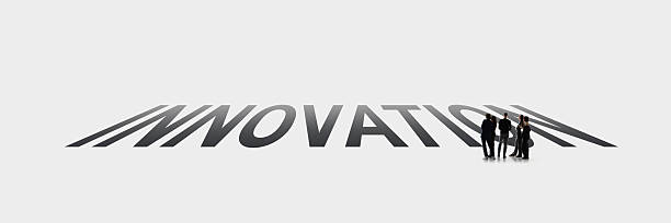 Futuristic business artwork with people standing on word INNOVATION. Concept of development visuals, product strategy presentations, transformation initiatives, startup and corporate growth content.