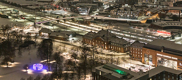 Aerial view of Odense covered in snow
