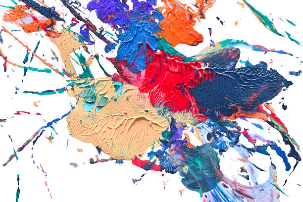 An abstract background of acrylic paint strokes. Various bright colors are used, including blue, red, orange, and yellow.