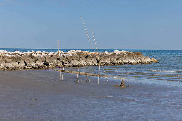 View of the wooden huts at the Murazzi beach on Venice Lido
