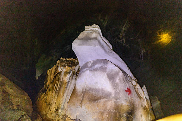 A prominent pale limestone formation rises from the shadowy interior of Phu Kham Cave in Laos, marked by layered mineral deposits and a subtle red arrow. The scene features rugged rock textures and dramatic contrasts in this Southeast Asian karst environment.
