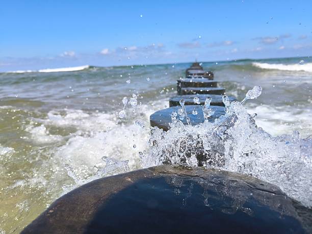 Dynamic ocean waves breaking against wooden groynes along a rugged coastline.