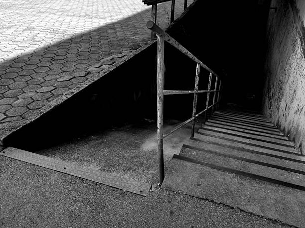 The image depicts a dimly lit stairway descending into an underground passage. The stairs are made of concrete or stone, with metal railings on one or both sides. The lighting is minimal, creating deep shadows and a sense of mystery or isolation. The walls appear rugged or industrial, possibly part of a basement, tunnel, or utility corridor. The overall atmosphere is dark and moody, suggesting an urban or hidden environment, often associated with maintenance areas, subways, or old architectural structures.