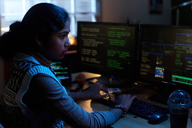 istock Young South Asian Woman Working on Computer Monitors in Dark Office 2255893025