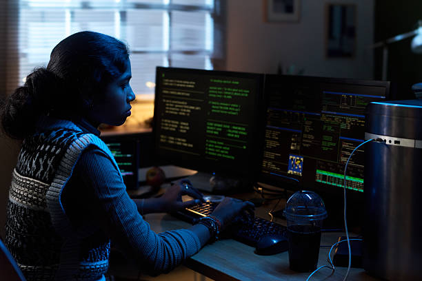 istock Young Indian Woman Coding on Computer Monitors in Dark Home Office 2255893115