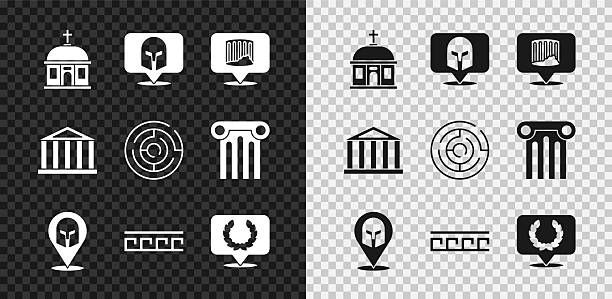 Set Santorini building Greek helmet Ancient column pattern Laurel wreath Parthenon and Minotaur labyrinth icon. Vector.
