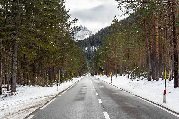 Straight stretch of a mountain pass road through a snowy pine forest on a cloudy winter day. South Tyrol, Italy.