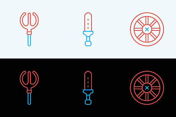 Set line Old wooden wheel Neptune Trident and Medieval sword icon. Vector.
