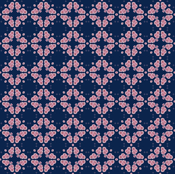 seamless flower ornament pattern from pink cherry blossoms isolated on dark blue background, texture template overlay decoration, wallpaper decor
