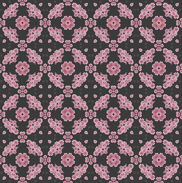 seamless flower ornament pattern from pink cherry blossoms isolated on gray background, texture template overlay decoration, mosaic boho style, wallpaper decor