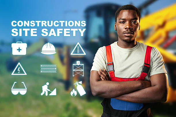 Construction worker promotes site safety and awareness during outdoor work