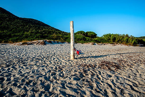 Lonely wooden post and beach chair on an empty sandy shore in Corsica, with morning light casting long shadows toward green dunes and a clear blue sky.