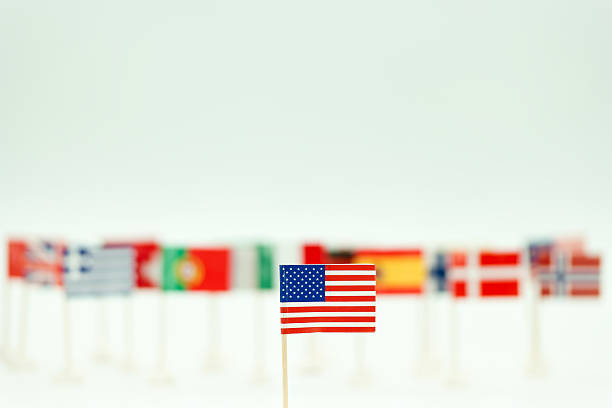 Small flags of different countries stand in a line, with the American flag in sharp focus at the front. The display highlights international diversity.
