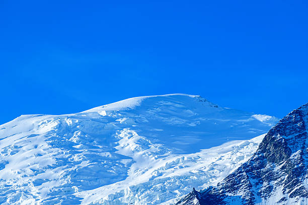 The smooth, snow-covered summit of Mont Blanc glows in crisp sunlight, its icy textures contrasting against a vivid, cloudless blue sky in the French Alps.