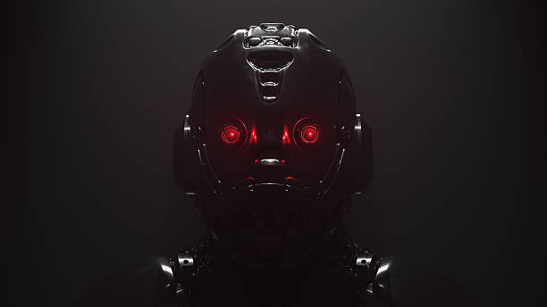 Cyborg with red luminous eyes on black background. Front view of science fiction cyborg with a shiny dark metal. Robot with artificial intelligence. Robot man with artificial metal face. 3D rendering.
