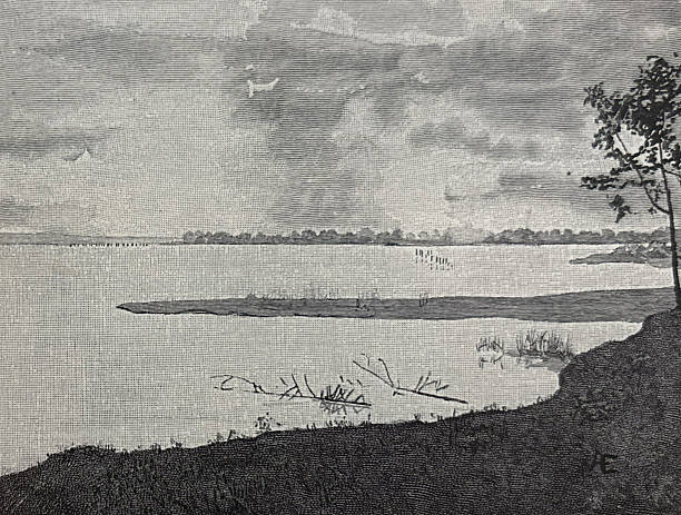 Antique illustration pre 1900 -  view from the upper end of Jamestown - over water