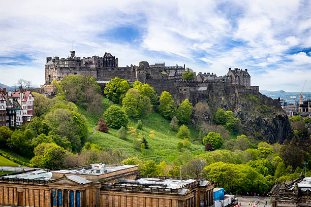 Edinburgh Castle is built on a volcanic rock. This medieval historic fortress dominates the skyline of the city of Edinburgh, Scotland, UK