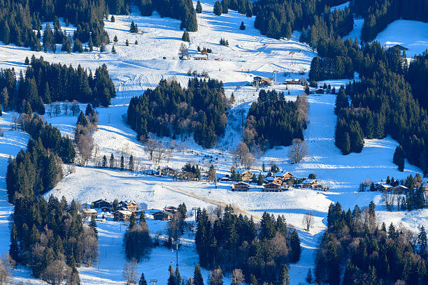 Traditional wooden chalets are scattered across sunlit, snow-covered slopes surrounded by dense evergreen forests in the Megeve region of the French Alps.