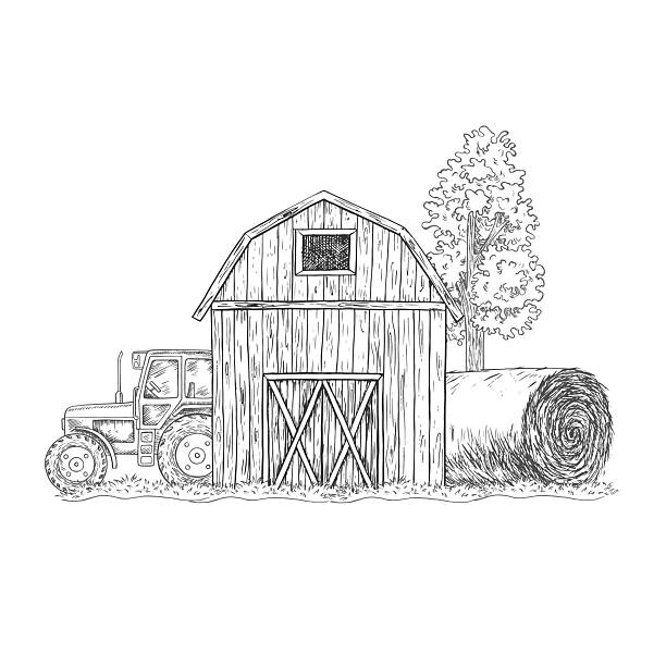 Agricultural landscape. Hand-drawn black and white vector graphics. A barn, a tractor, and a roll of hay. The concept of the agricultural industry. For banners, labels, postcards, and more
