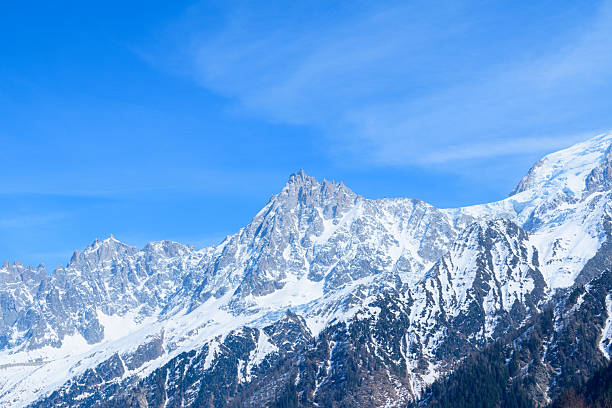 Jagged snow-covered ridge of Aiguille du Midi rises above forested lower slopes, illuminated by bright daylight and set against a clear, vivid blue sky.