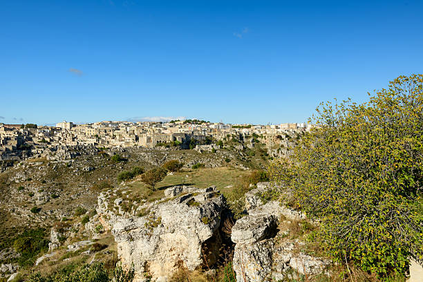 Wide landscape of Matera, Italy, with historic stone buildings overlooking a rugged rocky hillside and sparse vegetation under a bright blue sky.