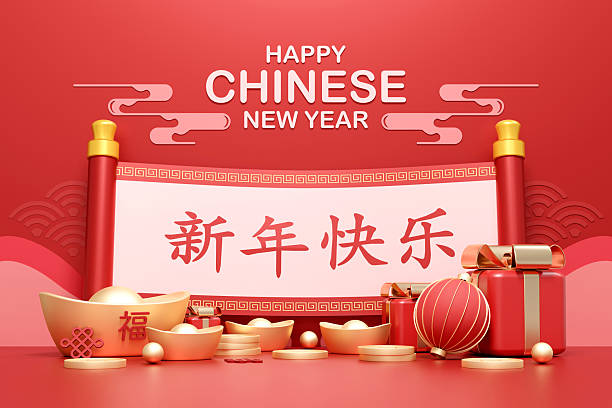 Festivel 2026 Chinese New Year 3D illustration with scroll, lanterns and gold ingots for seasonal marketing, holiday banners and greeting cards. Chinese it translates to Good luck and Happy New Year