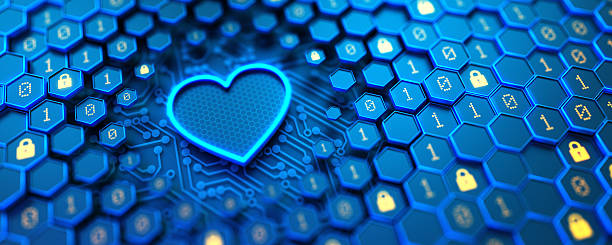 A glowing blue heart symbol on futuristic blue hexagon shell with binary code and lock icons. Digital empathy and love. Medical technologies and heart health.