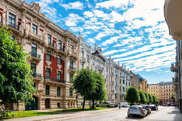 Street with Art Nouveau facades in the Art Nouveau district of downtown Riga, Latvia.