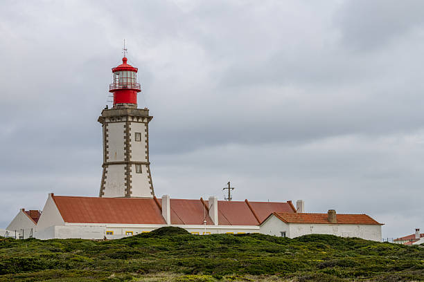 Sesimbra Portugal December 25 2025. The Cabo Espichel lighthouse rises above low coastal shrubs beneath a uniform winter sky.