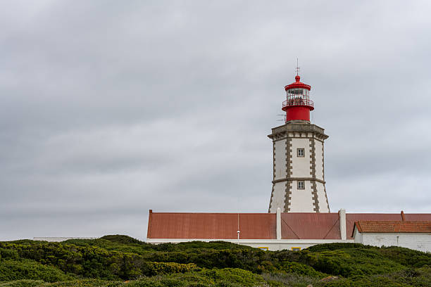 Sesimbra Portugal December 25 2025. The Cabo Espichel lighthouse tower stands against a uniform cloudy sky above the coastal buildings.