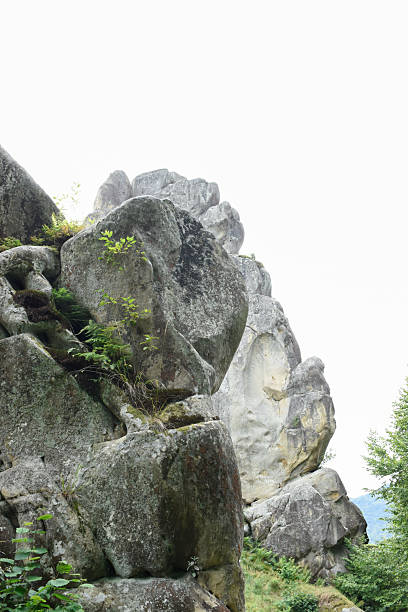 The rock complex of Tustan, ancient city-fortress. Large cliffs. Lviv oblast, Ukraine. Summer in Carpathians.