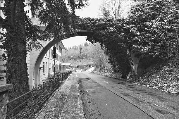 Arched Stone Bridge Over Empty Road, Curved Tunnel Framing Receding Perspective, SnowLined Embankments