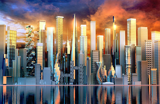 Beautiful modern city background with skyscrapers at. sunset. 3D rendering