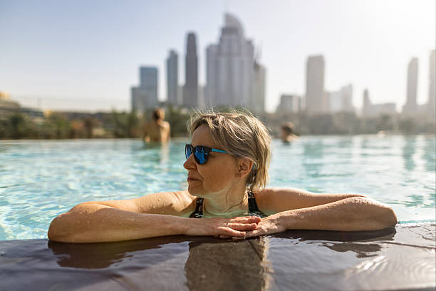 DUBAI, UAE - August 11, 2014: Interior a wonderful loft in 5 stars Hotel Atlantis (1,539 spacious guest rooms including 166 suites) on man-made island of Palm Jumeirah. United Arab Emirates. Sweeming pool