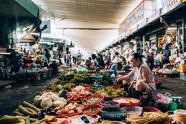 Da Nang, Vietnam - May, 12, 2024: Food stall in Da Nang. Fresh food is produced locally, keeping the economy running. Market stalls can be found all around Vietnam.